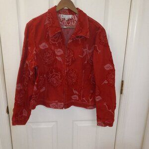 Elliott Lauren Vintage Raised Roses Red Denim Like Jacket Long Sleeve Size 14